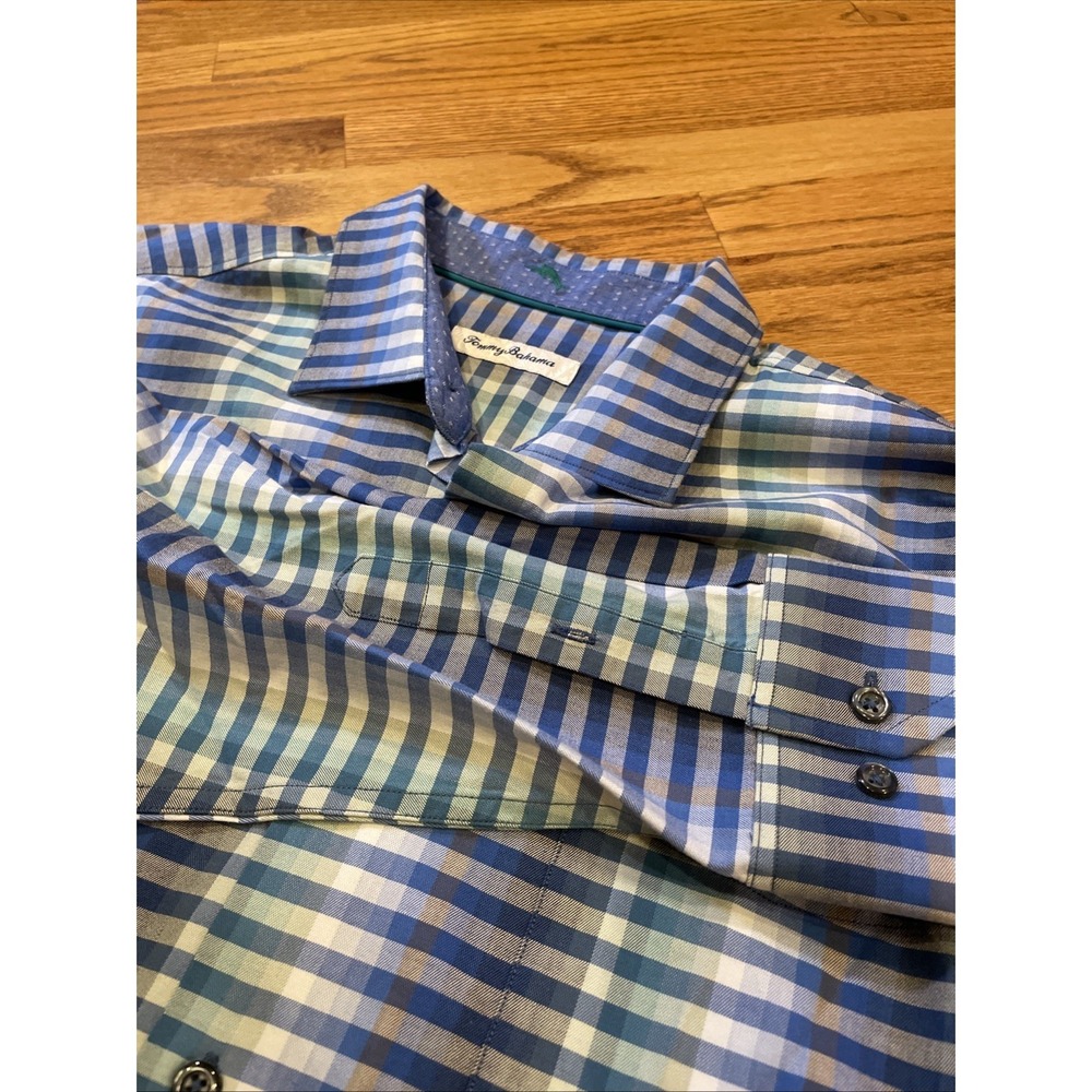Tommy Bahama Men's Shirt Long Sleeve Blue Green Striped Silk Blend Stretch Large